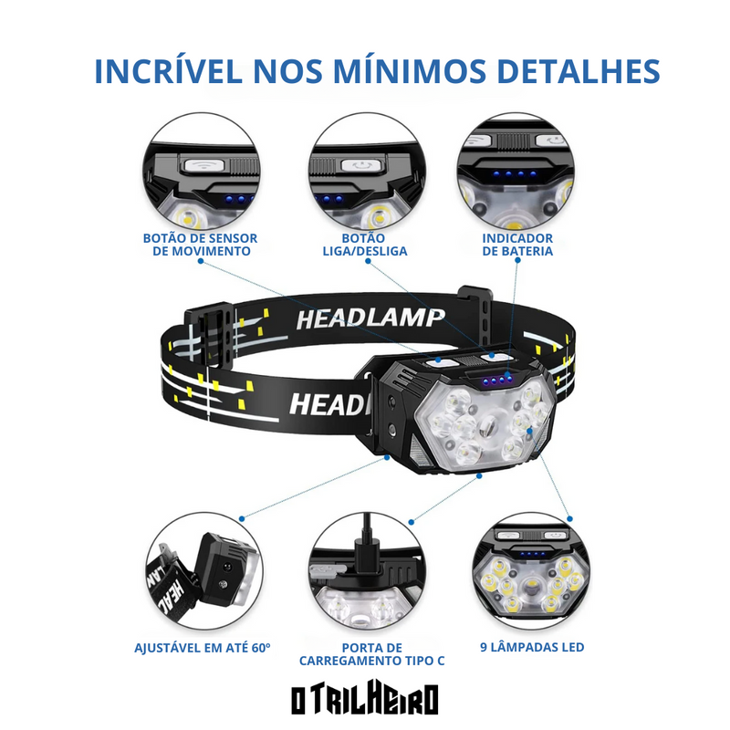 Lanterna de Cabeça Impermeável com Sensor - Headlamp